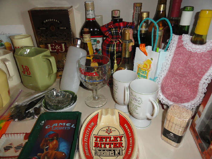 Joe camel ashtray, liquor items, liquor advertising pitchers & ashtrays