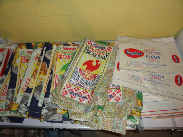 Fabric Feed and flour sacks with labels