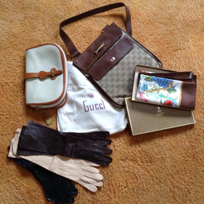 Vintage Gucci purse and scarf in original bag and box, vintage Dooney & Bourke bag, long leather gloves