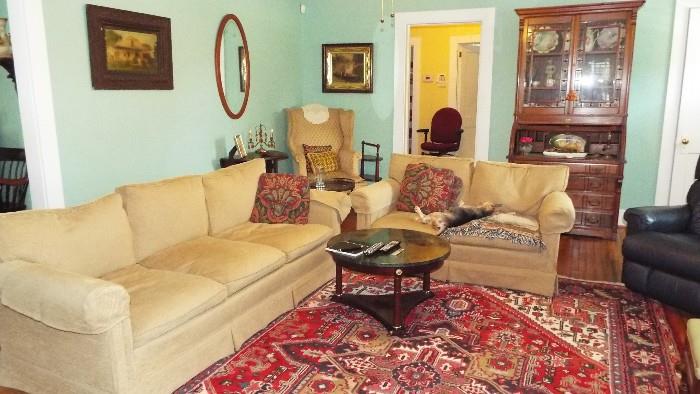ANTIQUE  AND NEWER UPHOLSTERY, ANTIQUE ORIENTAL RUGS INCLUDING HERIZ AND MORE
