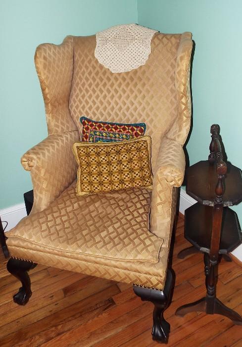 ANTIQUE WING CHAIR WITH ANTIQUE SMOKING STAND AND ANTIQUE DROP LEAF ROUND TABLE