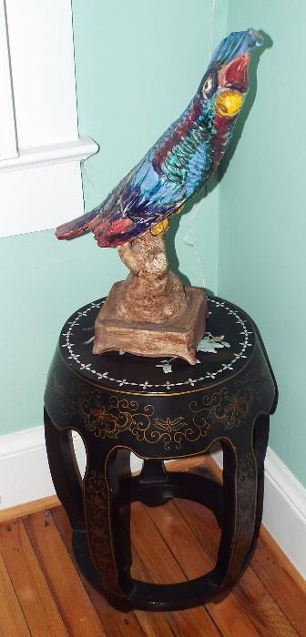 MAJOLICA TYPE PARROT ON CHINESE INLAY PLANT STAND