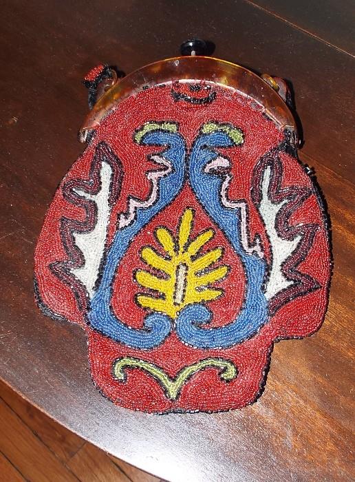 ANTIQUE NATIVE AMERICAN BEADED PURSE WITH HORN PLASTIC CLOSURE-1920'S