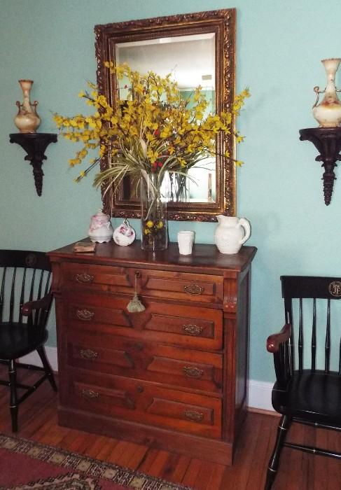 ANTIQUE EASTLAKE INLAY CHEST OF DRAWERS, MIRROR AND ANTIQUE HITCHCOCK CHAIRS