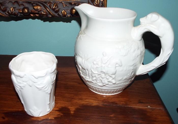 ANTIQUE MILKGLASS "THE FOX HUNT" WITH HOUND HANDLE