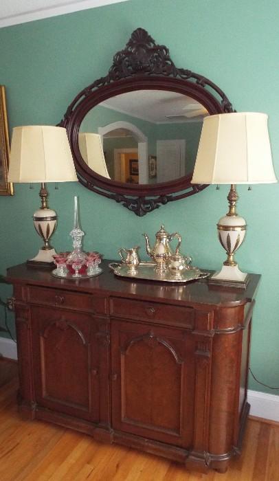 ANTIQUE BURLED BUFFET WITH STEIFEL LAMPS AND STERLING COFFEE SERVICE AND FLASHED RUBY GLASS DECANTER SET
