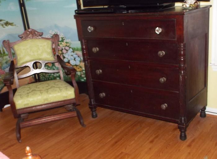 ANTIQUE CHEST OF DRAWERS AND EASTLAKE ROCKER