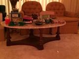 MARBLE TOP COFFEE TABLE AND ONE OF THE PAIR OF CHAIRS