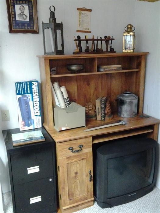 File cabinet, PC desk with hutch, pipe collection and TV
