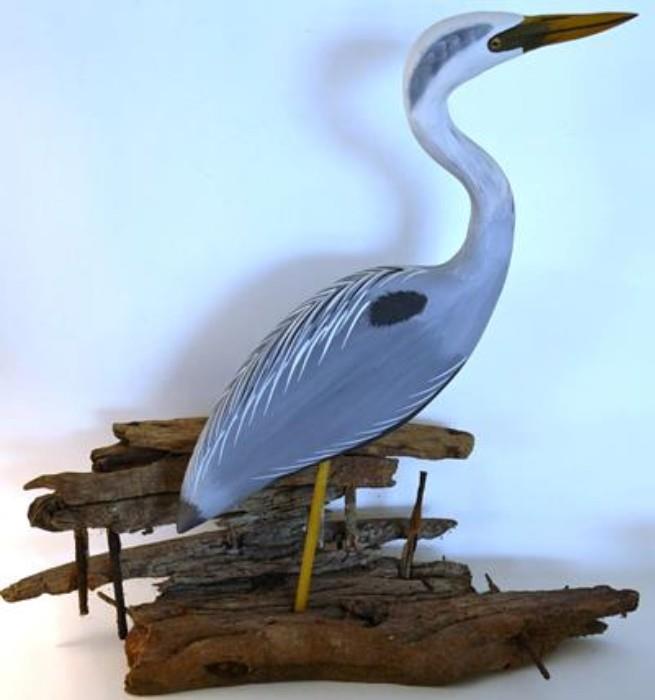 Tall, approx. 30" Blue Heron carved bird on driftwood, unsigned