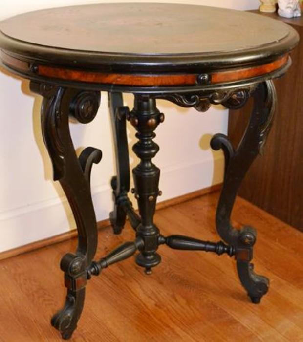 Victorian revival marquetry inlaid top parlour round table