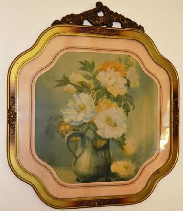 Victorian framed colored floral print in period frame