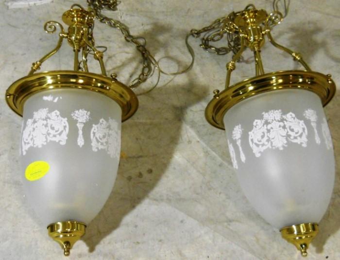 Pair of hanging frost shade lamps