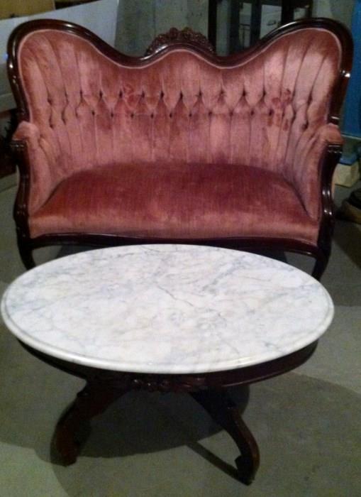 velvet tufted love seat (reproduction) and marble top table