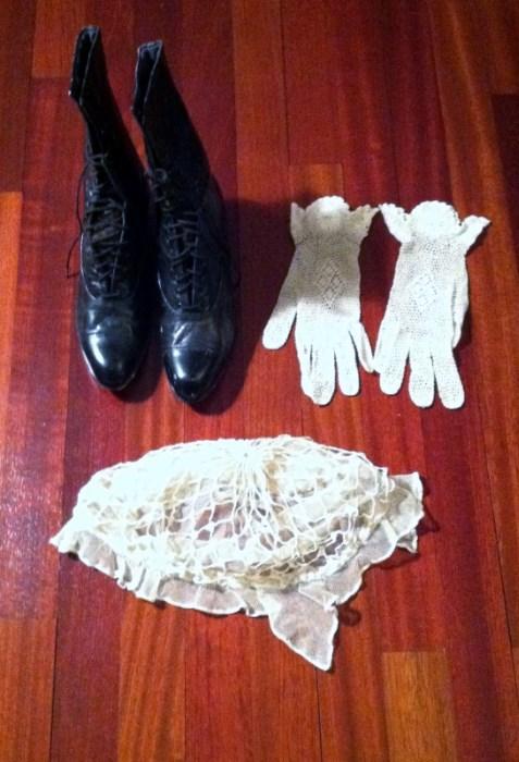 Victorian boots, gloves, head covering