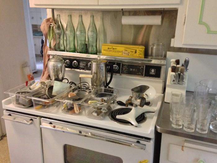 Old coke bottles, vintage percolators, kitchen utensils and more.