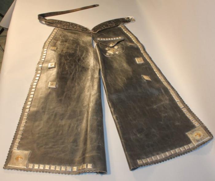 Ornate Leather Chaps - Horse Theme - Silver and Gold Toned