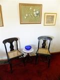 Toll painted chairs with caned seats; cobalt blue bowl by moser