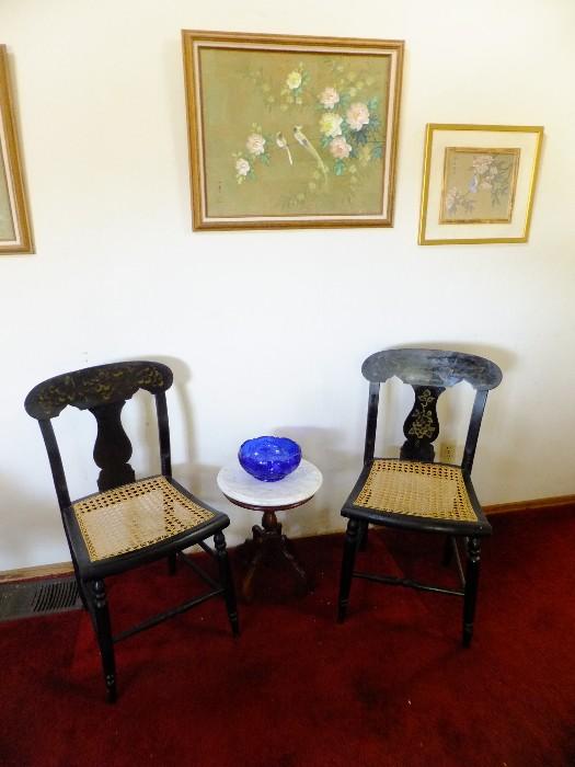 Toll painted chairs with caned seats; cobalt blue bowl by moser