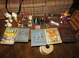 Neat mix of smalls--Navy comic book, pens, McDonald's stir-sticks, anthropomorphic salt and pepper shakers, tool and die set and more! 