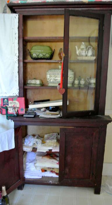 N.C. Primitive Pine Cabinet full of Vintage Linens