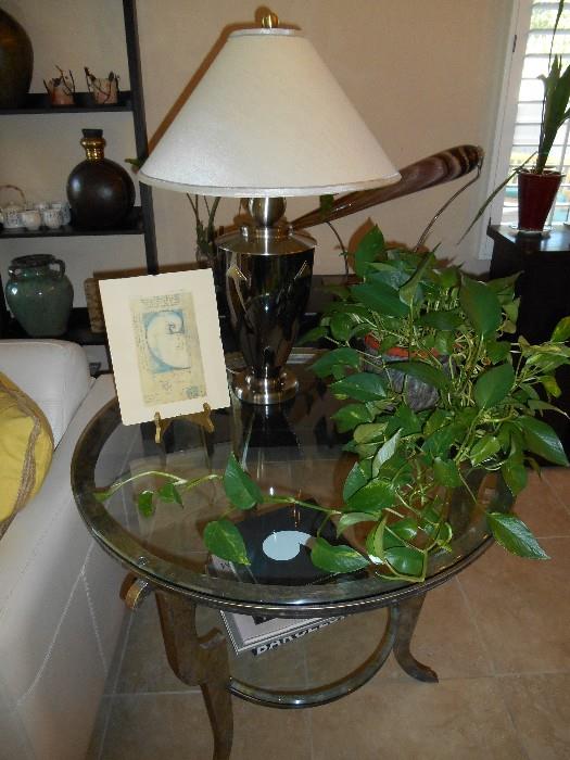 Very nice tall glass side table and lamp for sale