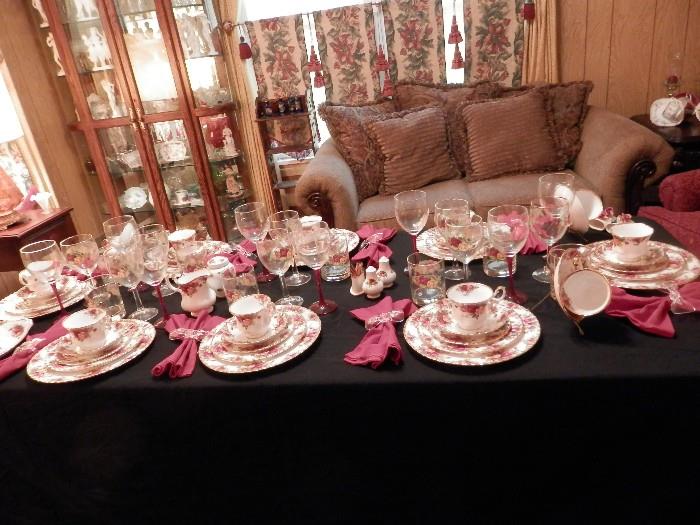 Royal Albert "Old Country Roses" china service for 8 plus drinking glasses