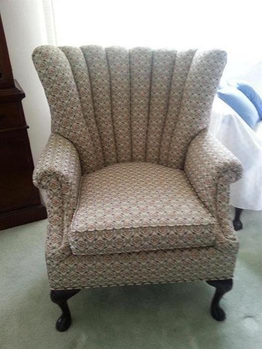 Antique Armchair in a classic upholstery by John's Upholstery in Livonia Michigan. This chair is in beautiful condition with no stains or wear.  