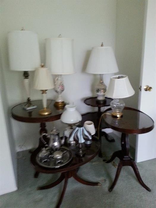Many lamps and accent tables, side tables, parlor tables. Waterford crystal lamp with matching shade and Lenox lamp with matching shade. 