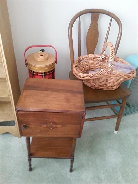 Vintage Antique cigar/smoke Humidor Wood Table  with metal lining. Wooden Side chair. Old box fan with original cardboard box it came in. Vintage fan is in excellent working condition. 