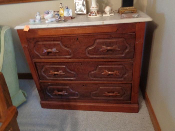 great walnut chest w/burl on front and marble top
