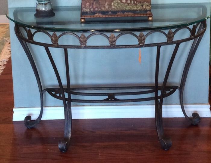 Wrought iron foyer or sofa table with glass top -- now in Bargainville
