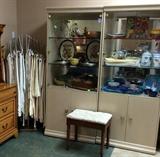 Pair of 80's Bernhardt lighted display cabinets, fine linen and lace tablecloths just in time for your holiday table, vanity stool.