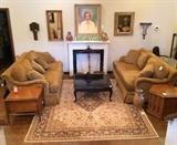 Pair of dark gold Huntington House sofas, large rug, black square coffee table, oil portrait, mid-century tables -- all in Bargainville!