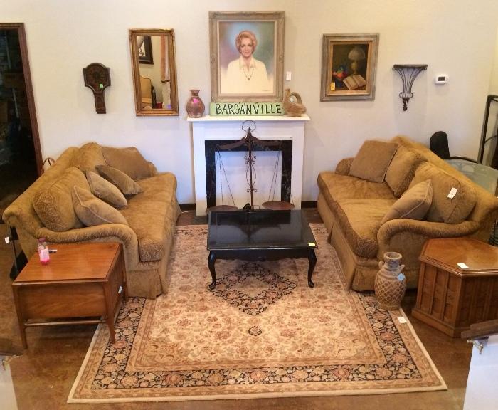Pair of dark gold Huntington House sofas, large rug, black square coffee table, oil portrait, mid-century tables -- all in Bargainville!