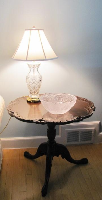 Waterford Crystal Lamp, Lalique Bowl. Carved Pie Crust tip table. 