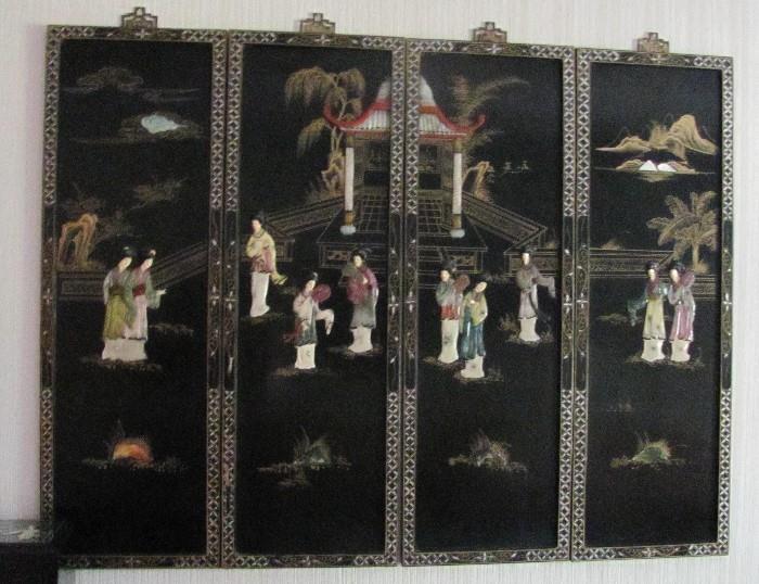 Asian folding screen, Mother of Pearl mounted figures