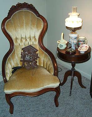 Victorian style chair, Cuckoo clock, small drum table, etc..