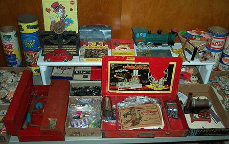 Vintage toys including steam engine, Erector set w/ motor, tool box, etc...