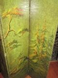 CLOSE UP VIEW OF ANTIQUE OIL PAINTING ON LEATHER FOLDING SCREEN