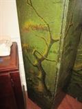 CLOSE UP VIEW OF ANTIQUE FOLDING SCREEN HAND PAINTED FOREST SCENE 