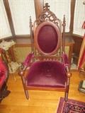 AMERICAN GOTHIC THROWN CHAIR CIRCA 1850 HIGHLY CARVED RARE PIECE IN SOLID WALNUT