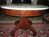 CLOSE UP VIEW OF JOSEPH MEEKS AMERICAN GOTHIC MARBLE TOP PARLOR TABLE BURLED MAHOGANY WOOD