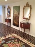 Vintage Baker Charleston Collection Demilune Commode Tables, French Gold Gilt Mirrors and a colorful wall mural