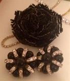 Stunning Beaded Brooch and Crystal and Black Pearl Earrings