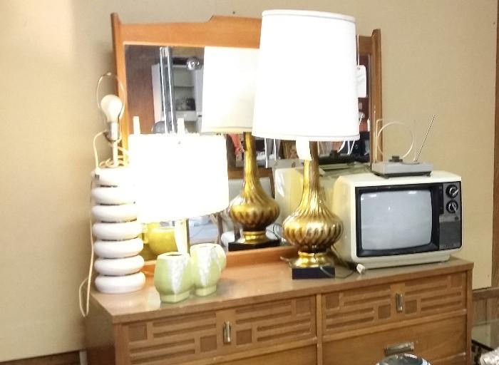 Mid Century modern dresser, lamps, tv