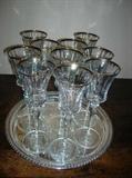 GOLD RIM WATER GLASSES ON SILVERPLATE TRAY
