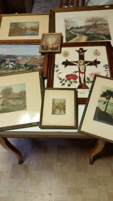 Framed, hand colored photos, religious needle work, hand painted landscape