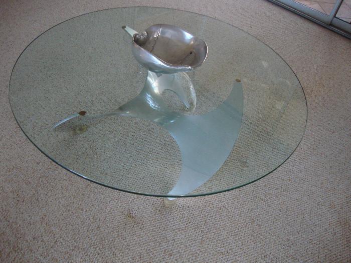 Glass topped "Propeller" table, chrome or Aluminum base ( Knut/Hesterberg??)