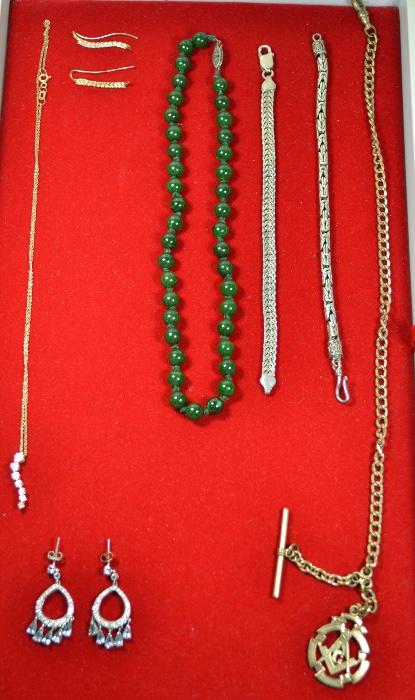 Jade beads,  Diamond earrings and Necklace, Masonic Watch fob, Sterling bracelets